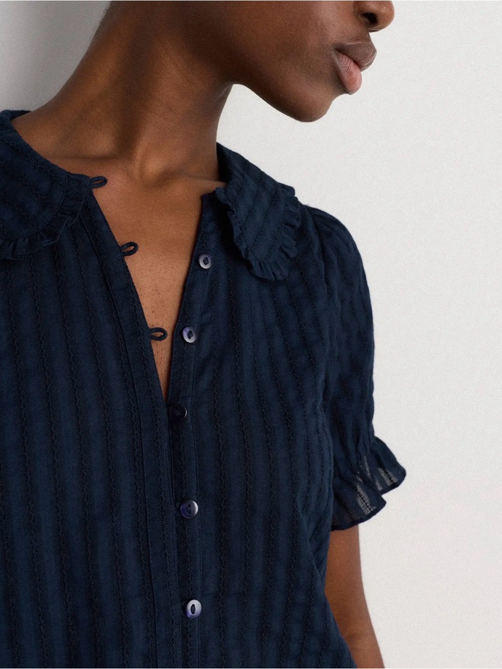 Quince Navy embroidered cotton ruffle short-Sleeve Button Shirt